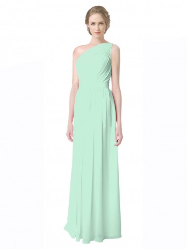 One Shoulder Long Soft Chiffon Mint Green Sleeveless Bridesmaid Dress Victoria