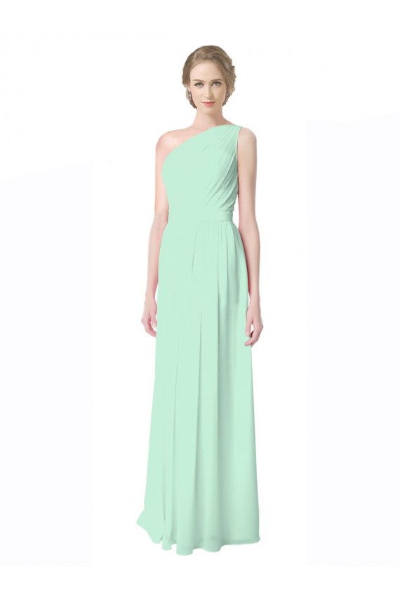 One Shoulder Long Soft Chiffon Mint Green Sleeveless Bridesmaid Dress Victoria