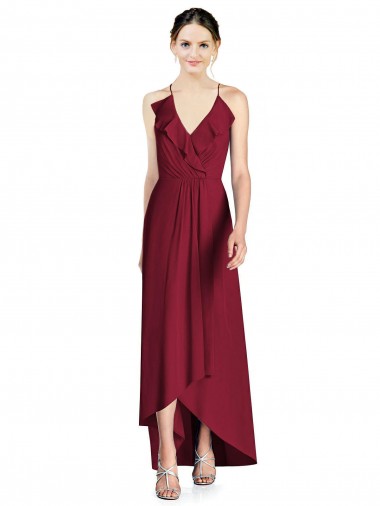 V-Neck Long Soft Chiffon Burgundy Sleeveless High Low Bridesmaid Dress Victoria