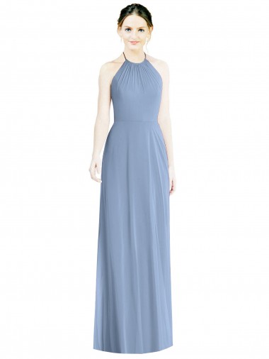 Halter Neck Long Floor Length Chiffon Dusty Blue Sleeveless Bridesmaid Dress Victoria