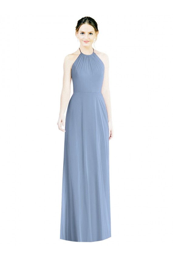 Halter Neck Long Floor Length Chiffon Dusty Blue Sleeveless Bridesmaid Dress Victoria