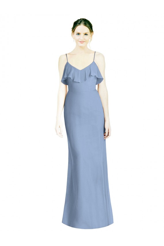 V-Neck Long Soft Chiffon Dusty Blue Sleeveless Bridesmaid Dresses Victoria