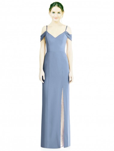 Jewel Long Soft Chiffon Dusty Blue Cold Shoulder Formal Evening Gown / Bridesmaid Dress Victoria