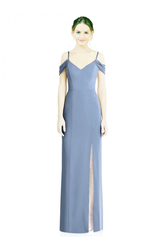 Jewel Long Soft Chiffon Dusty Blue Cold Shoulder Formal Evening Gown / Bridesmaid Dress Victoria