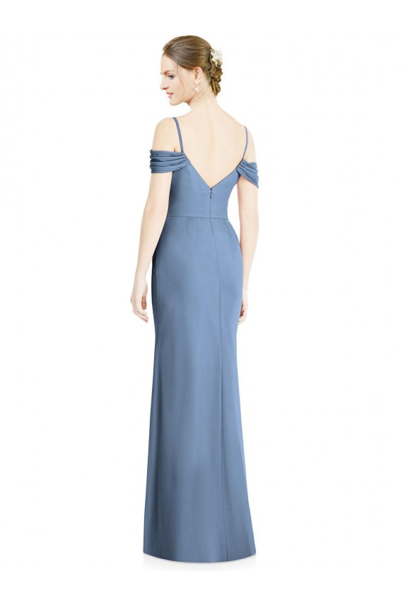 Jewel Long Soft Chiffon Dusty Blue Cold Shoulder Formal Evening Gown / Bridesmaid Dress Victoria