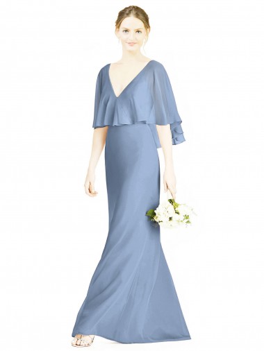 V-Neck Long Soft Chiffon Dusty Blue Trumpet Sleeveless Bridesmaid Dress Victoria
