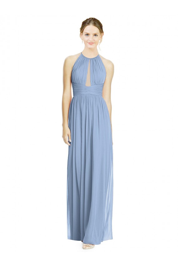 Halter Neck Long Chiffon Dusty Blue Sleeveless Wedding Party Dress Victoria