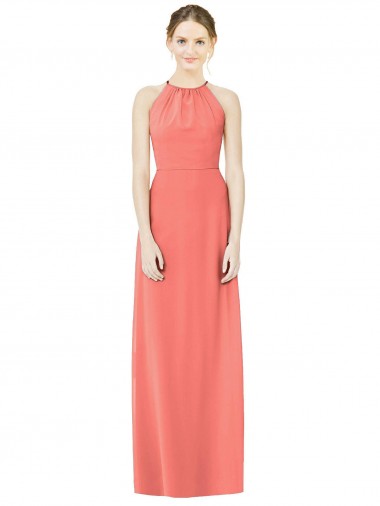 Halter Neck Long Soft Chiffon Coral Sleeveless Bridesmaid Dress Victoria