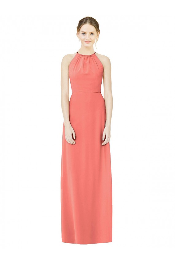 Halter Neck Long Soft Chiffon Coral Sleeveless Bridesmaid Dress Victoria