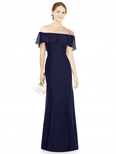 Off the Shoulder Long Soft Chiffon Dark Navy Sleeveless Bridesmaid Dress Victoria