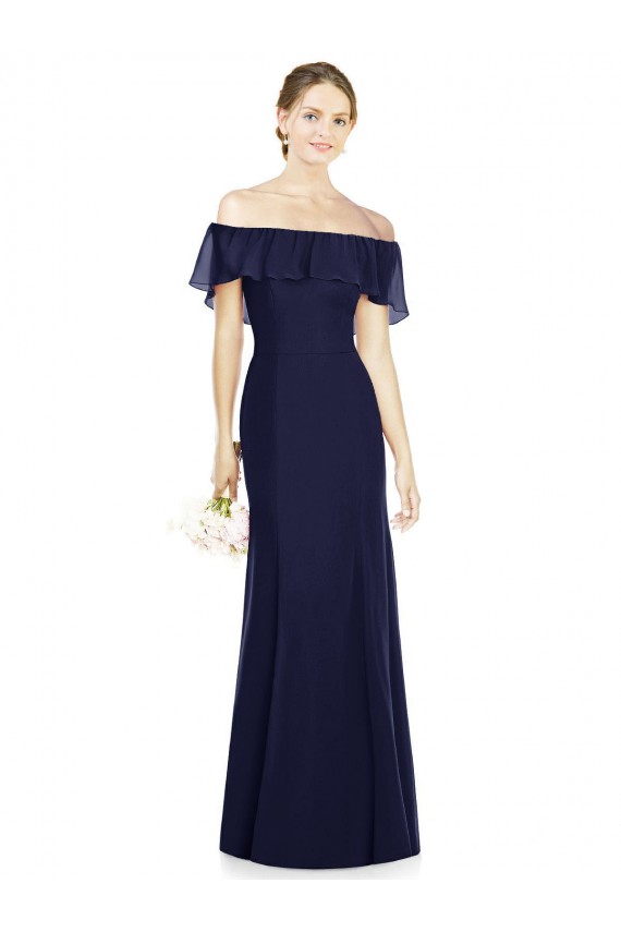 Off the Shoulder Long Soft Chiffon Dark Navy Sleeveless Bridesmaid Dress Victoria