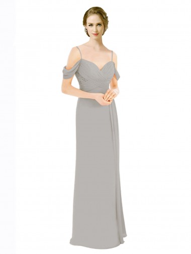 Sweetheart Long Soft Chiffon & Lace Silver Cold Shoulder Bridesmaid Dress Victoria