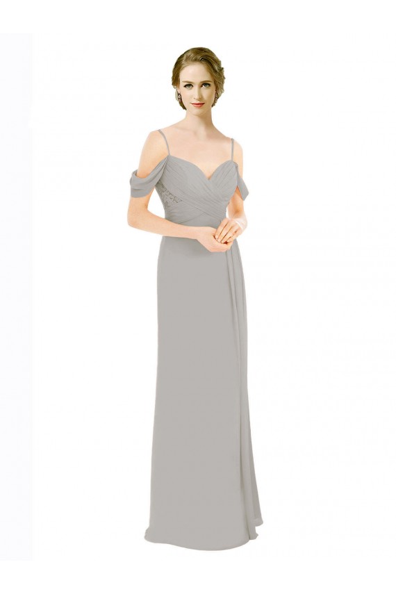 Sweetheart Long Soft Chiffon & Lace Silver Cold Shoulder Bridesmaid Dress Victoria