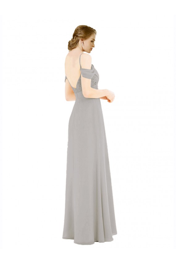 Sweetheart Long Soft Chiffon & Lace Silver Cold Shoulder Bridesmaid Dress Victoria