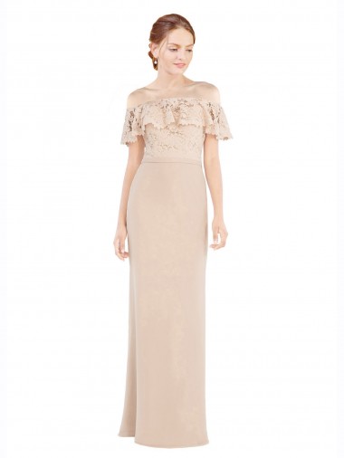 Off the Shoulder Long Soft Chiffon & Lace Champagne Sleeveless Prom Dress / Bridesmaid Dress Victoria