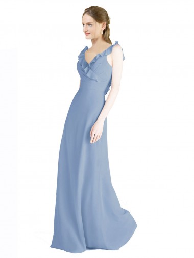 V-Neck Long Floor Length Chiffon Dusty Blue Sleeveless Bridesmaid Dress Victoria