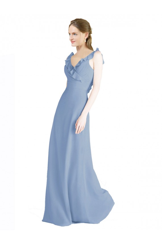 V-Neck Long Floor Length Chiffon Dusty Blue Sleeveless Bridesmaid Dress Victoria