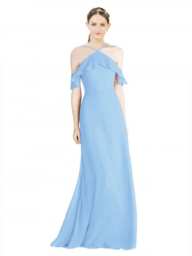 Halter Neck Long Soft Chiffon Periwinkle Cold Shoulder Formal Dress / Bridesmaid Dress Victoria