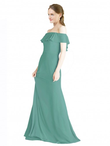 Off the Shoulder Long Soft Chiffon Icelandic Silver Sleeveless Bridal Party Dress Victoria