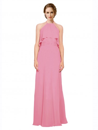 High Neck Long Soft Chiffon Skin Pink Sleeveless Bridesmaid Dress Victoria
