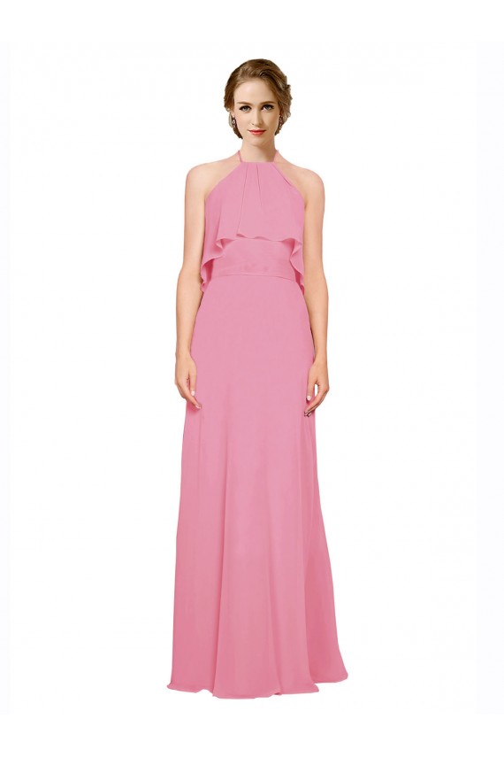 High Neck Long Soft Chiffon Skin Pink Sleeveless Bridesmaid Dress Victoria