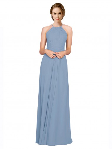 High Neck Long Chiffon Dusty Blue Sleeveless Bridesmaid Dress / Evening Dress Victoria