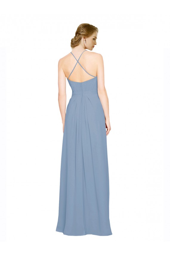 High Neck Long Chiffon Dusty Blue Sleeveless Bridesmaid Dress / Evening Dress Victoria