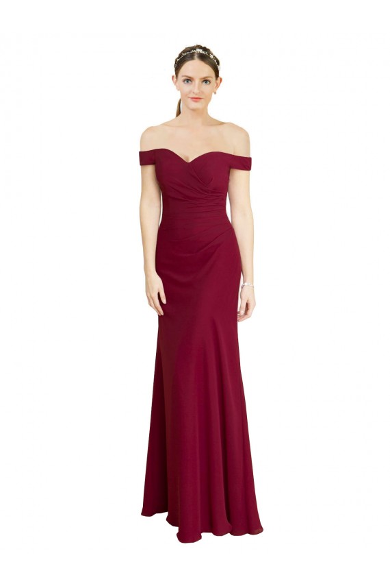 Off the Shoulder Long Soft Chiffon Burgundy Sleeveless Black Tie Prom Dress / Bridesmaid Dress Victoria