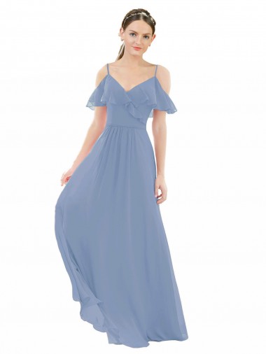 V-Neck Long Lxue Chiffon Dusty Blue Cap Sleeves Bridesmaid Dress Victoria