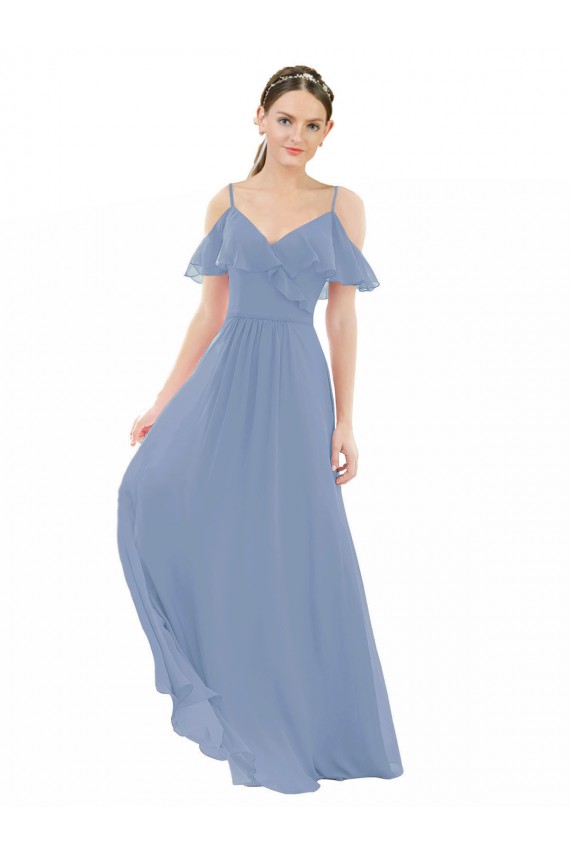 V-Neck Long Lxue Chiffon Dusty Blue Cap Sleeves Bridesmaid Dress Victoria