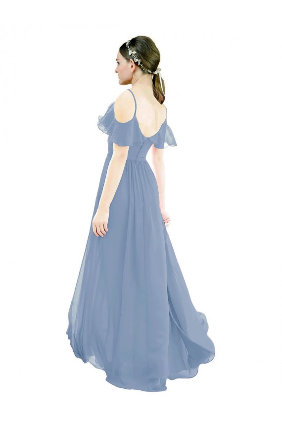 V-Neck Long Lxue Chiffon Dusty Blue Cap Sleeves Bridesmaid Dress Victoria