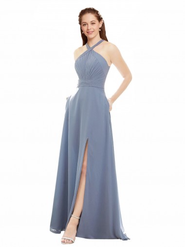 High Neck Long Soft Chiffon Dusty Blue Sleeveless Evening Dress / Bridal Party Dress Victoria