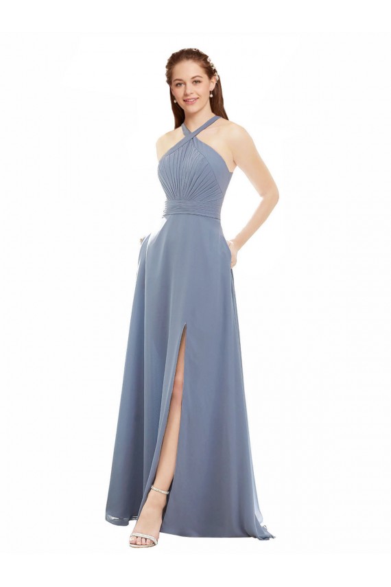 High Neck Long Soft Chiffon Dusty Blue Sleeveless Evening Dress / Bridal Party Dress Victoria