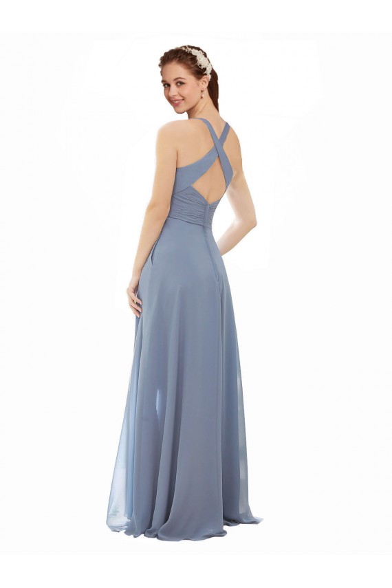 High Neck Long Soft Chiffon Dusty Blue Sleeveless Evening Dress / Bridal Party Dress Victoria