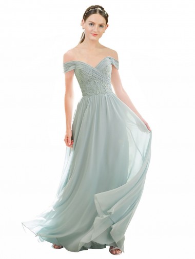 Off the Shoulder Long Soft Chiffon & Lace Sea Glass Cap Sleeves Bridesmaid Dress Victoria