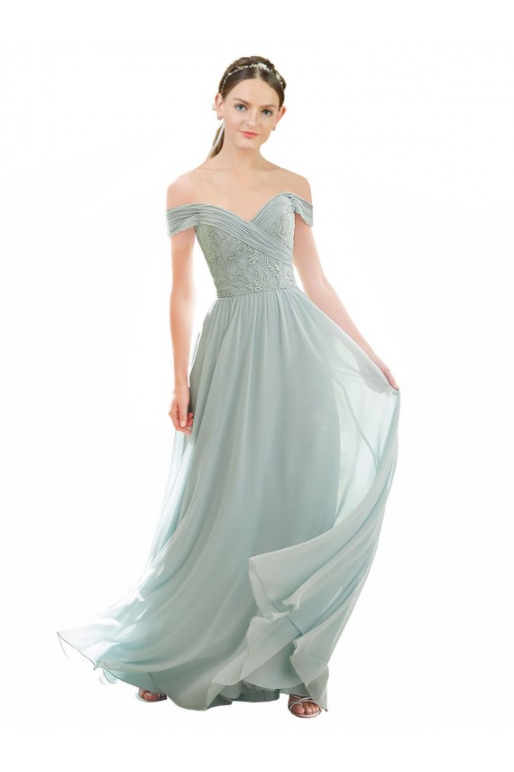 Off the Shoulder Long Soft Chiffon & Lace Sea Glass Cap Sleeves Bridesmaid Dress Victoria