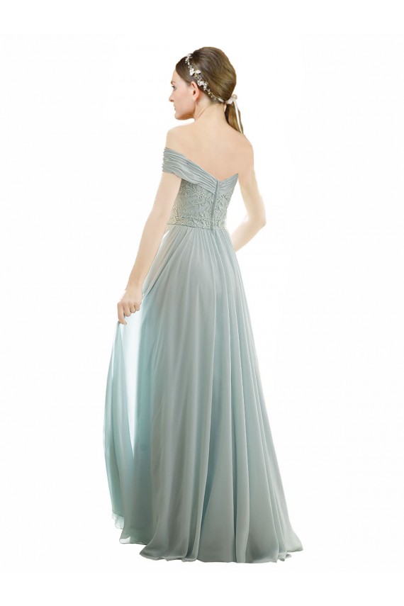 Off the Shoulder Long Soft Chiffon & Lace Sea Glass Cap Sleeves Bridesmaid Dress Victoria