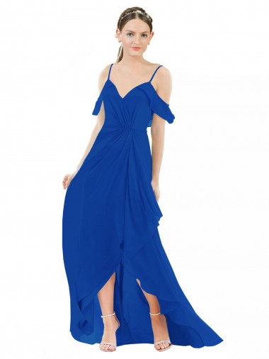 V-Neck Long Soft Chiffon Royal Blue Cold Shoulder High Low Bridesmaid Dress Victoria