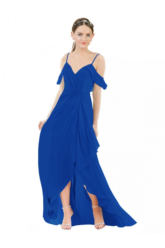 V-Neck Long Soft Chiffon Royal Blue Cold Shoulder High Low Bridesmaid Dress Victoria