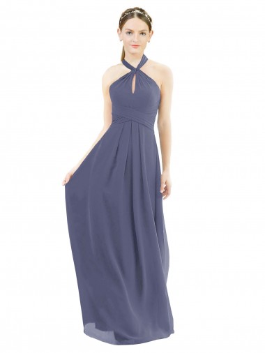 Halter Neck Long Soft Chiffon Silver Stone Sleeveless Bridesmaid Dress Victoria