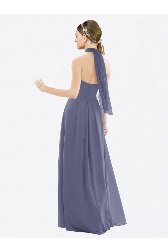 Halter Neck Long Soft Chiffon Silver Stone Sleeveless Bridesmaid Dress Victoria