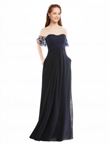 V-Neck Long Soft Chiffon & Lace Dark Navy Cap Sleeves Formal Dress / Bridesmaid Dress Victoria