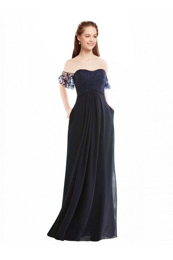 V-Neck Long Soft Chiffon & Lace Dark Navy Cap Sleeves Formal Dress / Bridesmaid Dress Victoria