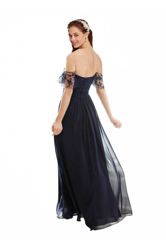 V-Neck Long Soft Chiffon & Lace Dark Navy Cap Sleeves Formal Dress / Bridesmaid Dress Victoria