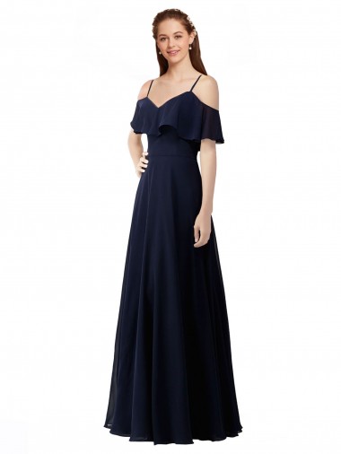 V-Neck Long Soft Chiffon Dark Navy Sleeveless Bridesmaid Dress Victoria