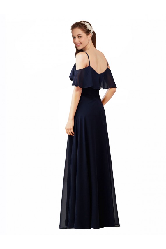 V-Neck Long Soft Chiffon Dark Navy Sleeveless Bridesmaid Dress Victoria