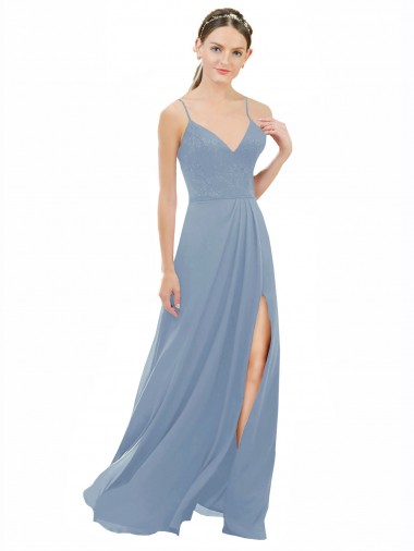 V-Neck Long Soft Chiffon & Lace Dusty Blue Sleeveless Bridesmaid Dress Victoria