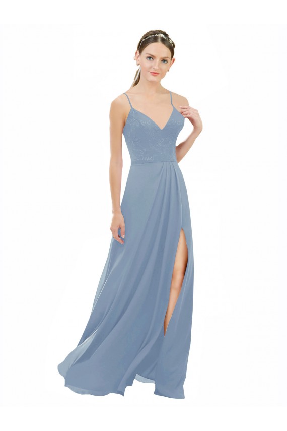 V-Neck Long Soft Chiffon & Lace Dusty Blue Sleeveless Bridesmaid Dress Victoria