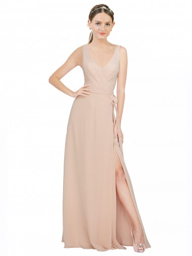 V-Neck Long Luxe Chiffon Pink Sleeveless Bridesmaid Dress / Evening Dress Victoria