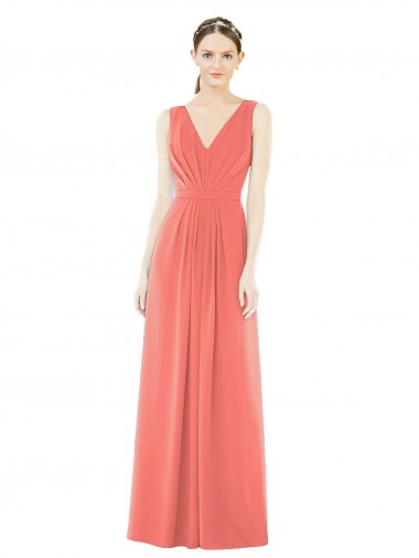 V-Neck Long Soft Chiffon Coral A-Line Sleeveless Bridesmaid Dress Victoria